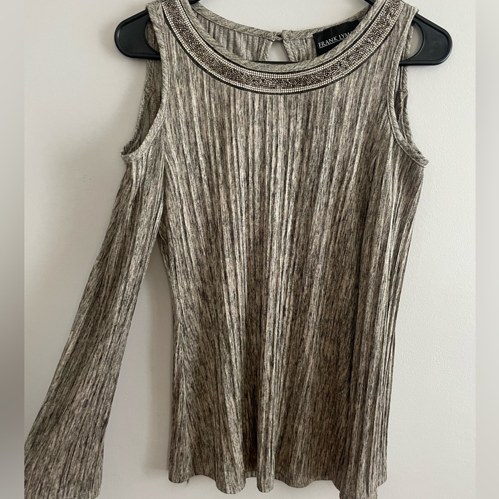 Frank Lyman Beaded Open Shoulder Long Sleeve Top